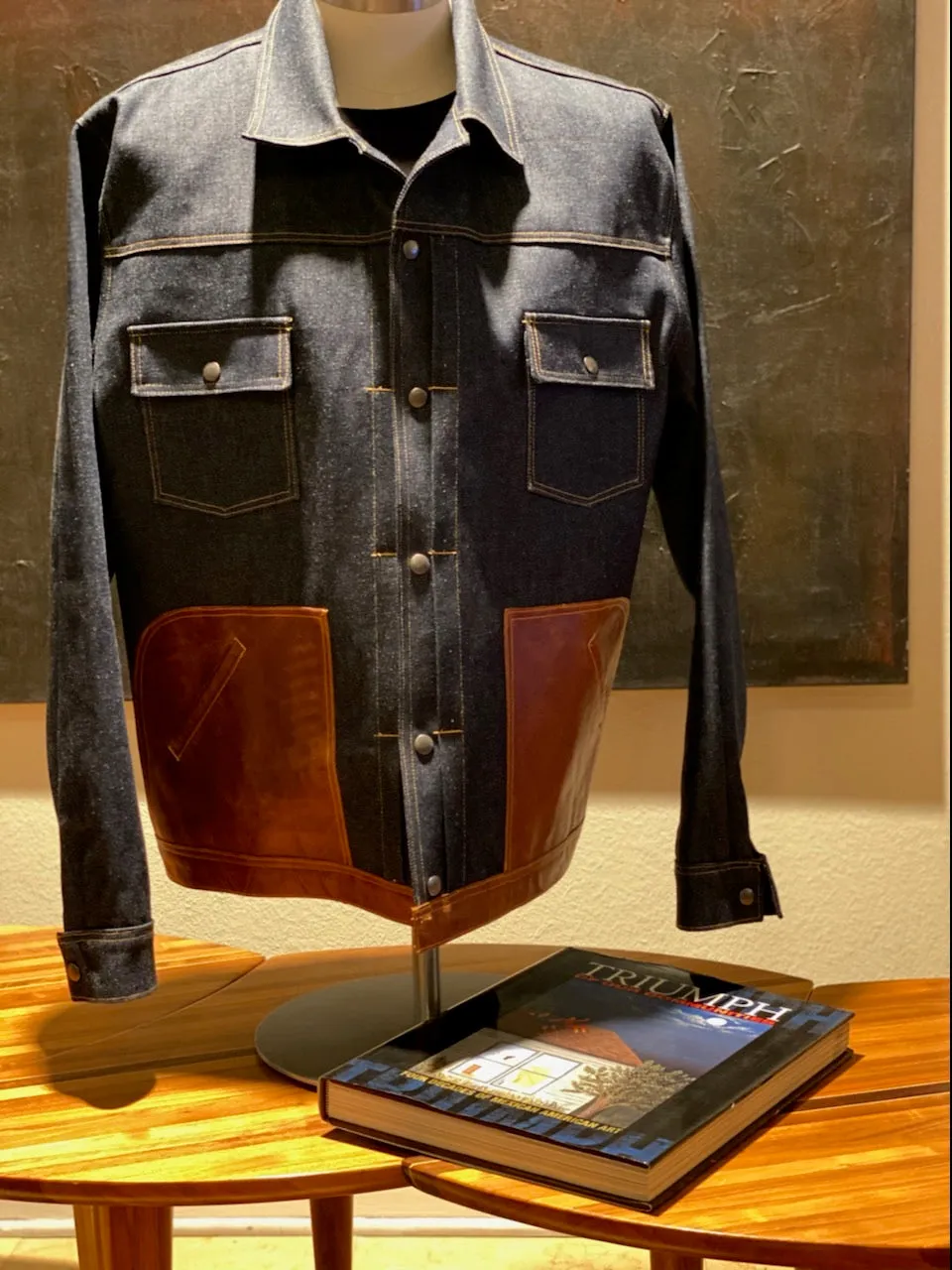 HANDMADE DENIM JACKET WITH CONGAC LEATHER POCKET AND LOWER LINING