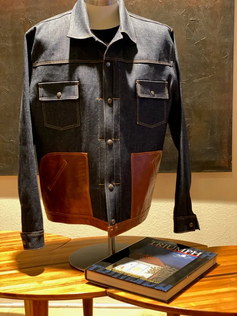 HANDMADE DENIM JACKET WITH CONGAC LEATHER POCKET AND LOWER LINING