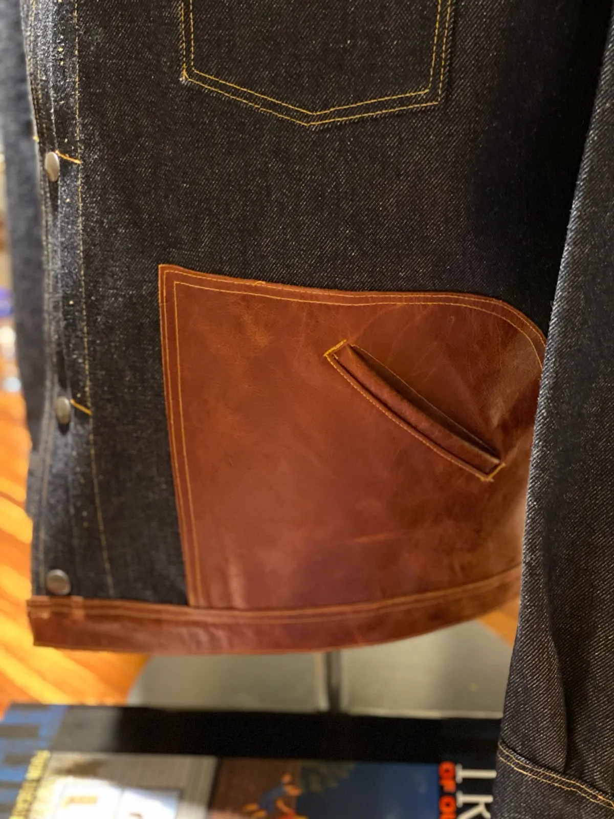 HANDMADE DENIM JACKET WITH CONGAC LEATHER POCKET AND LOWER LINING