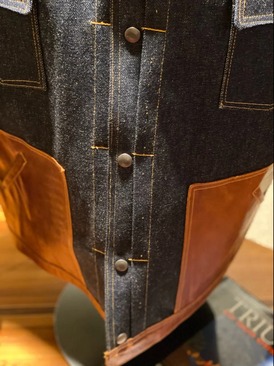 HANDMADE DENIM JACKET WITH CONGAC LEATHER POCKET AND LOWER LINING