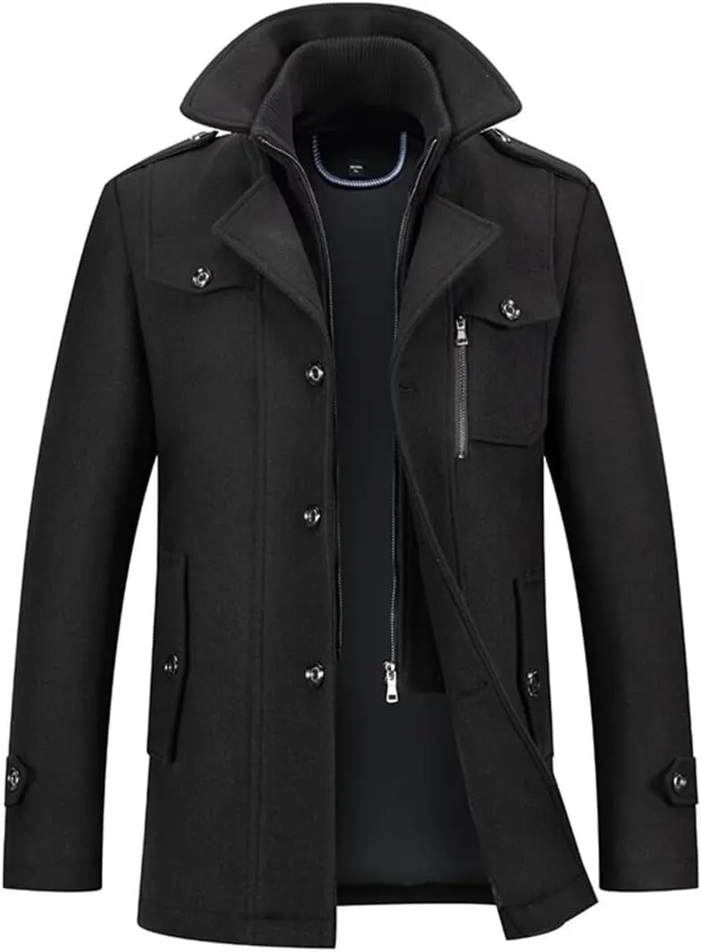 INVACHI Men's Stand Collar Wool Blend Pea Coats with Removable Inner Collar Single Breasted Overcoat