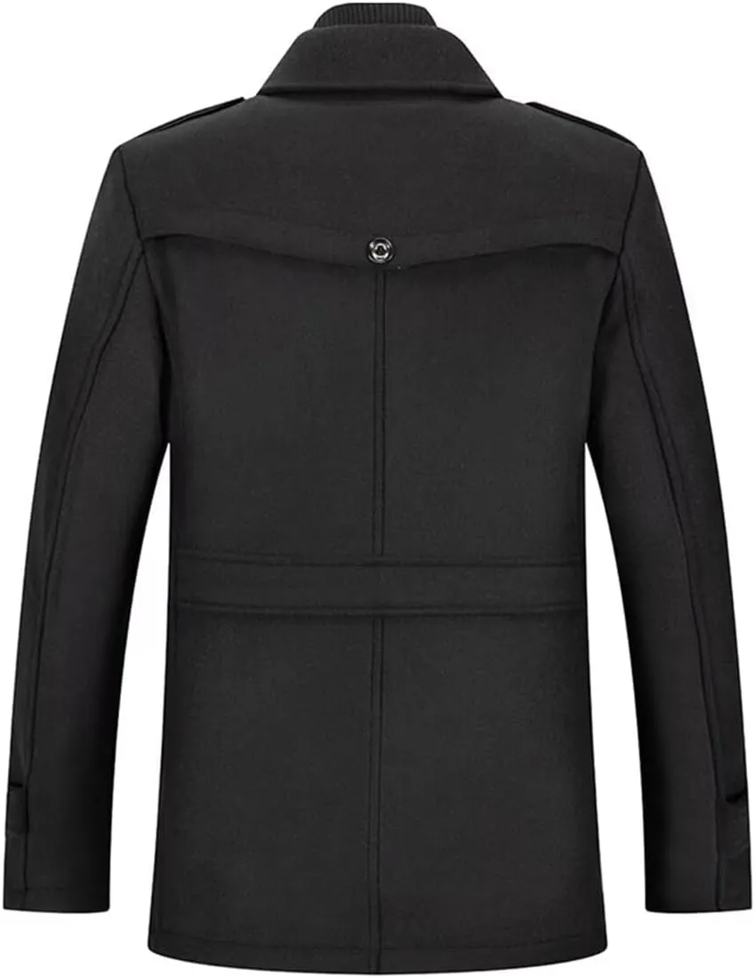 INVACHI Men's Stand Collar Wool Blend Pea Coats with Removable Inner Collar Single Breasted Overcoat