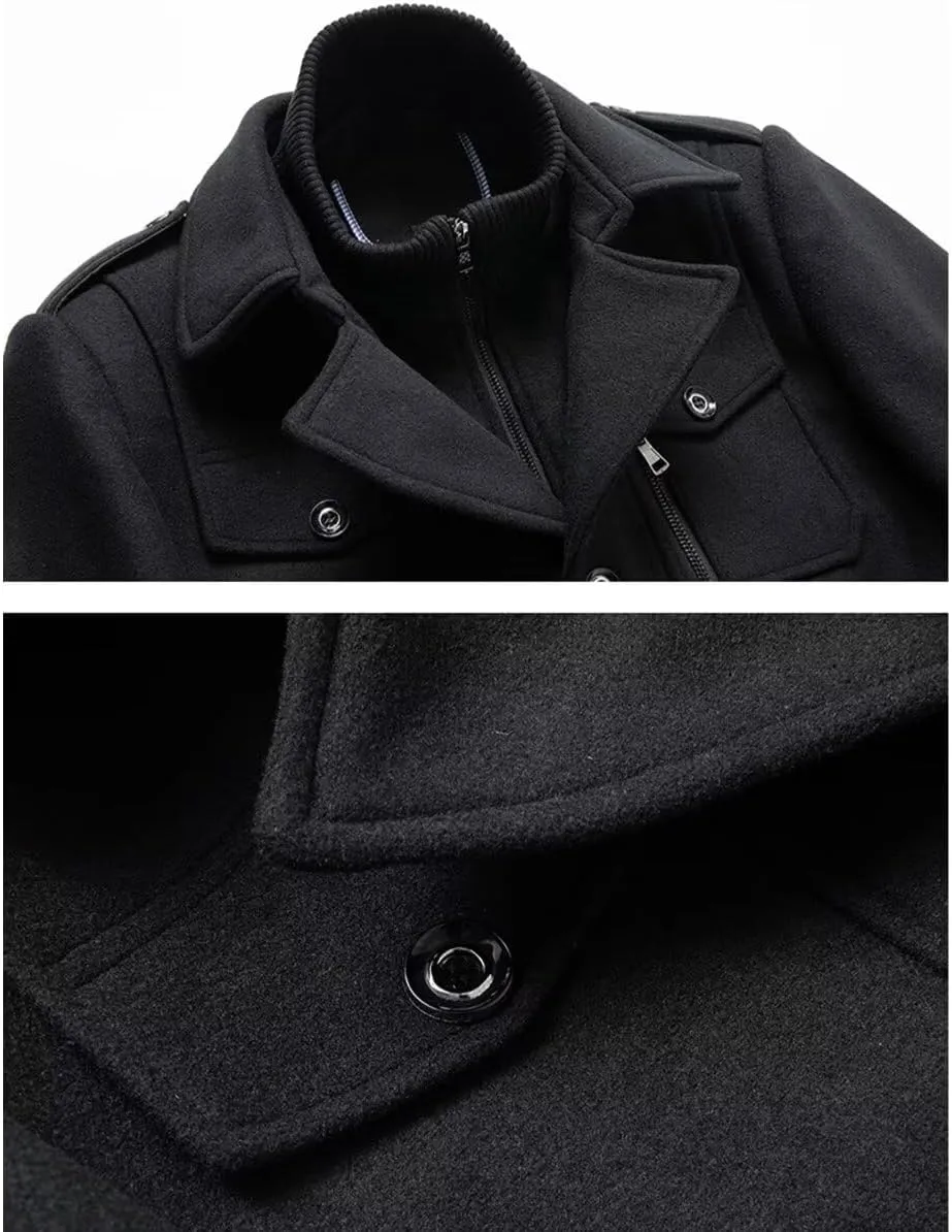 INVACHI Men's Stand Collar Wool Blend Pea Coats with Removable Inner Collar Single Breasted Overcoat