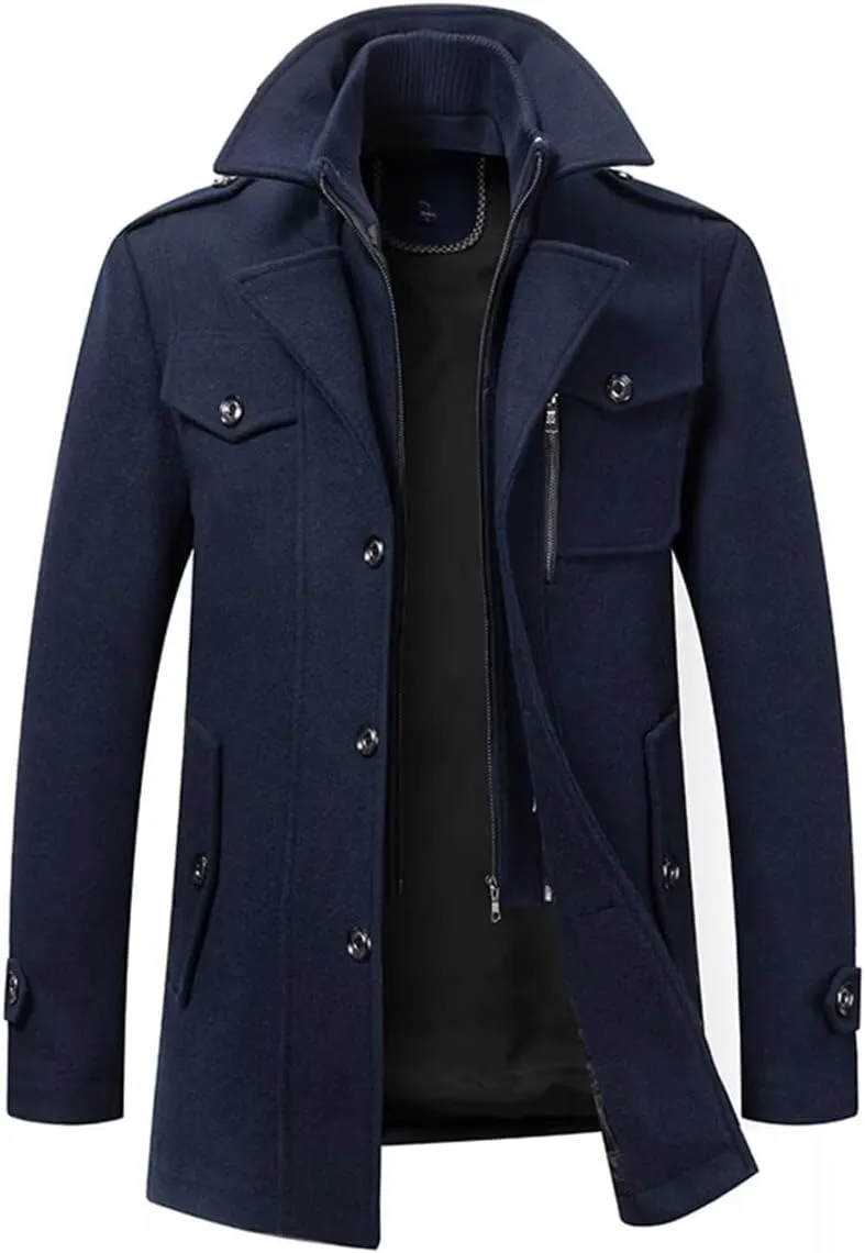 INVACHI Men's Stand Collar Wool Blend Pea Coats with Removable Inner Collar Single Breasted Overcoat