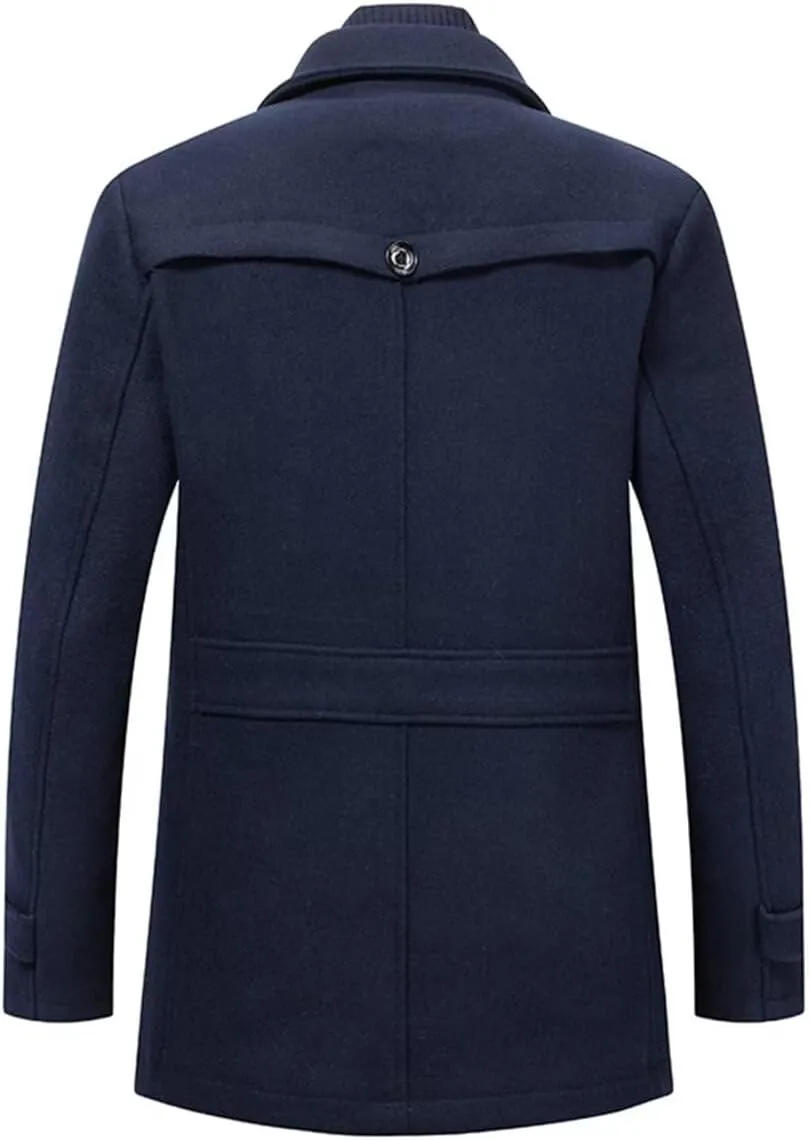 INVACHI Men's Stand Collar Wool Blend Pea Coats with Removable Inner Collar Single Breasted Overcoat