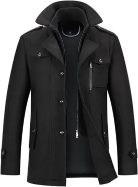 INVACHI Men's Stand Collar Wool Blend Pea Coats with Removable Inner Collar Single Breasted Overcoat