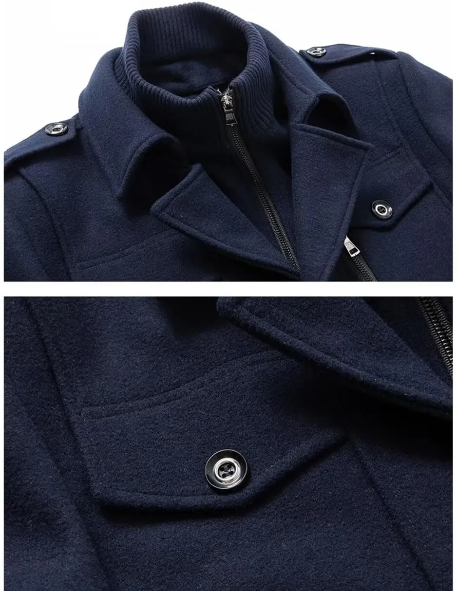 INVACHI Men's Stand Collar Wool Blend Pea Coats with Removable Inner Collar Single Breasted Overcoat