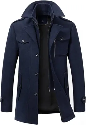 INVACHI Men's Stand Collar Wool Blend Pea Coats with Removable Inner Collar Single Breasted Overcoat
