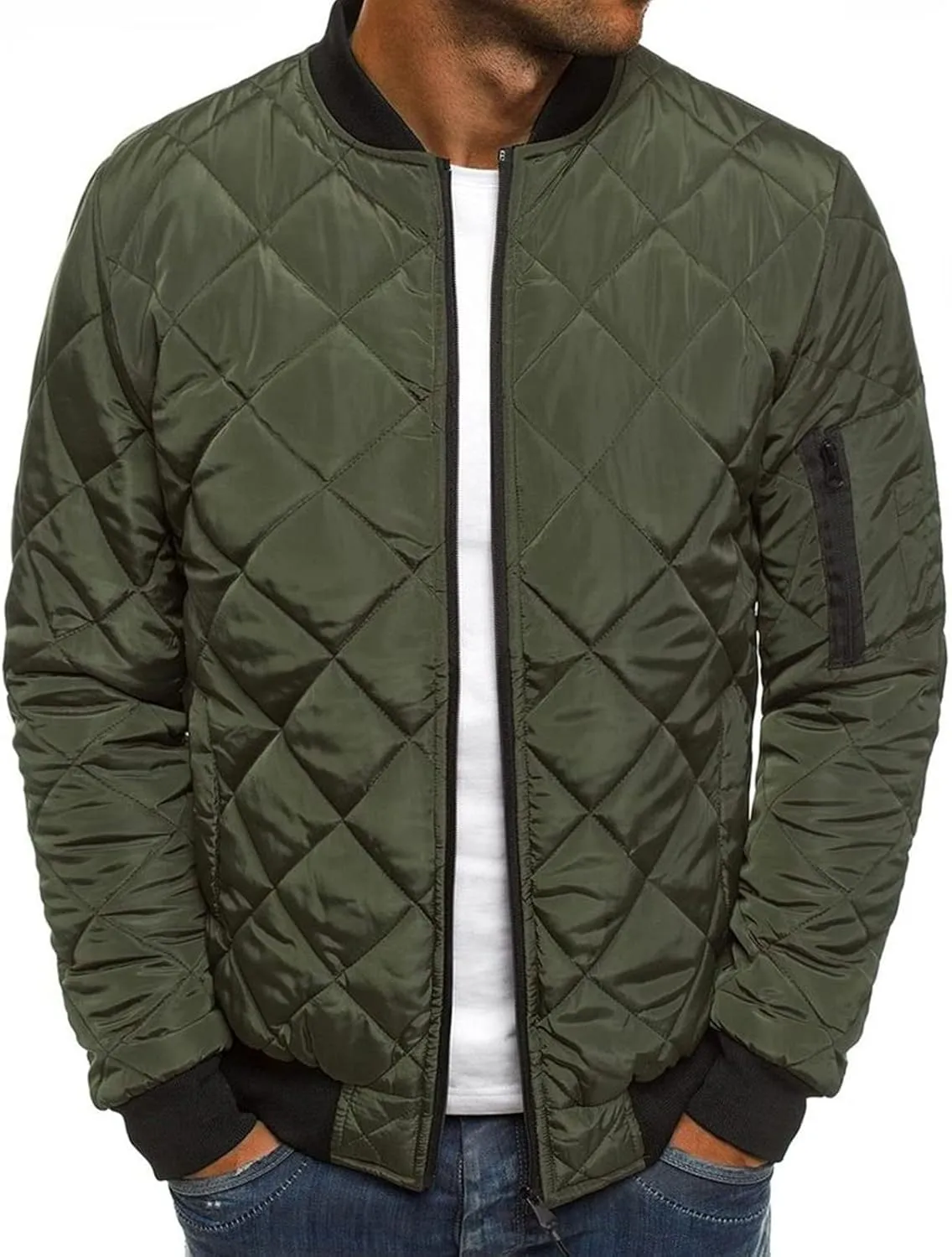 JEsilunmaMY Men's Quilted Jacket Diamond Winter Coat Zip Up Solid Color Bomber Padded Jacket Lightweight Cotton Windbreaker