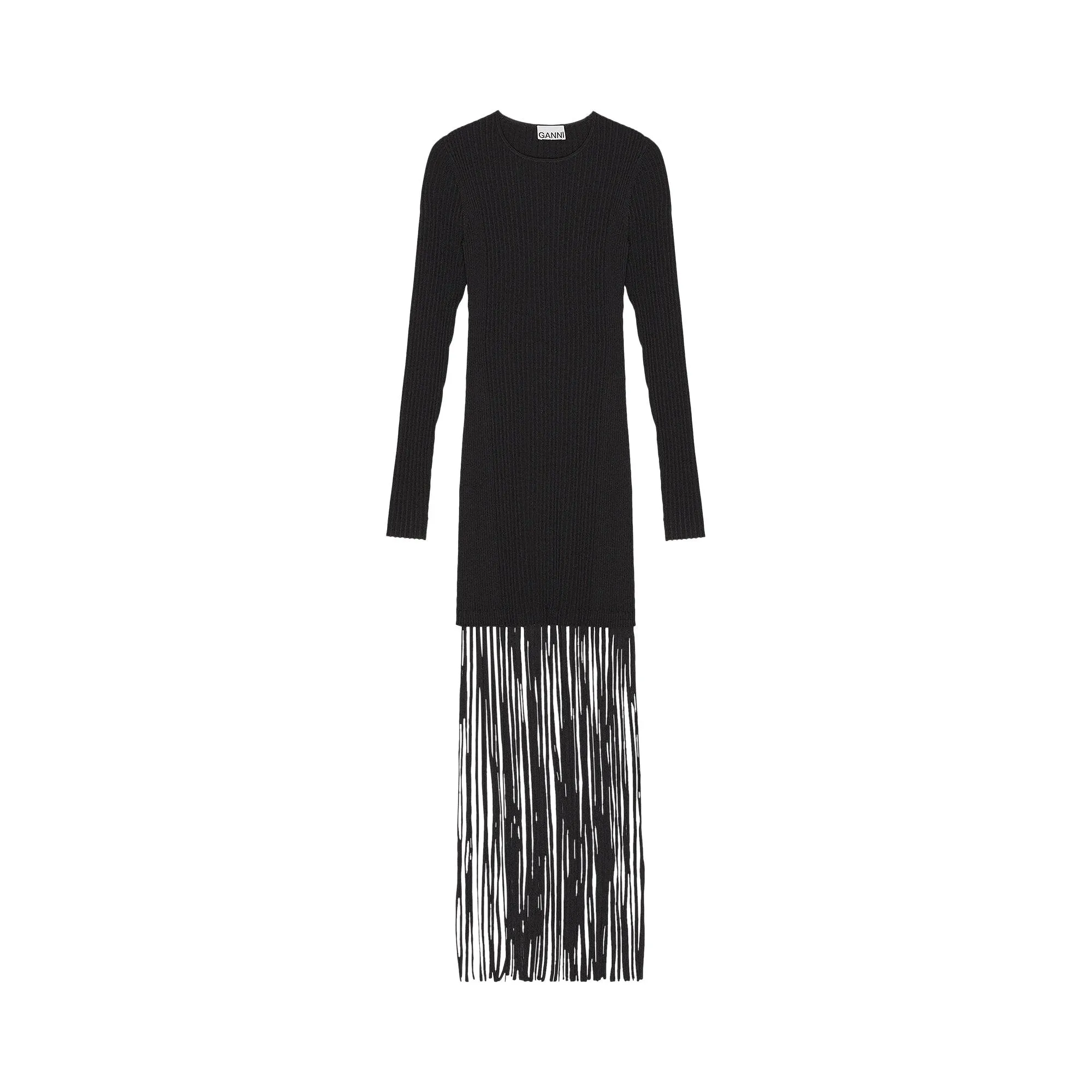 Knitted mini dress GANNI with fringe, color Black
