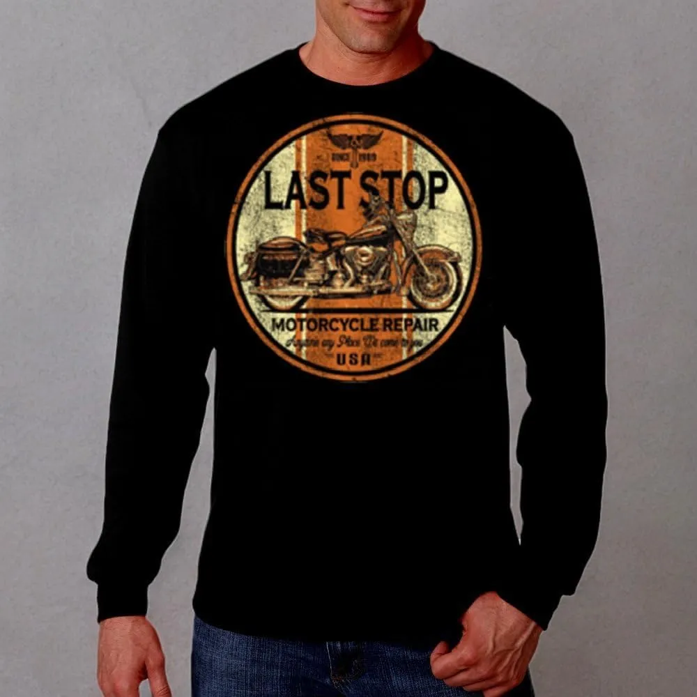 Last Stop Motorcycle Shirt Biker Rider Route 66 Harley Vintage Mens Long Sleeve Tee