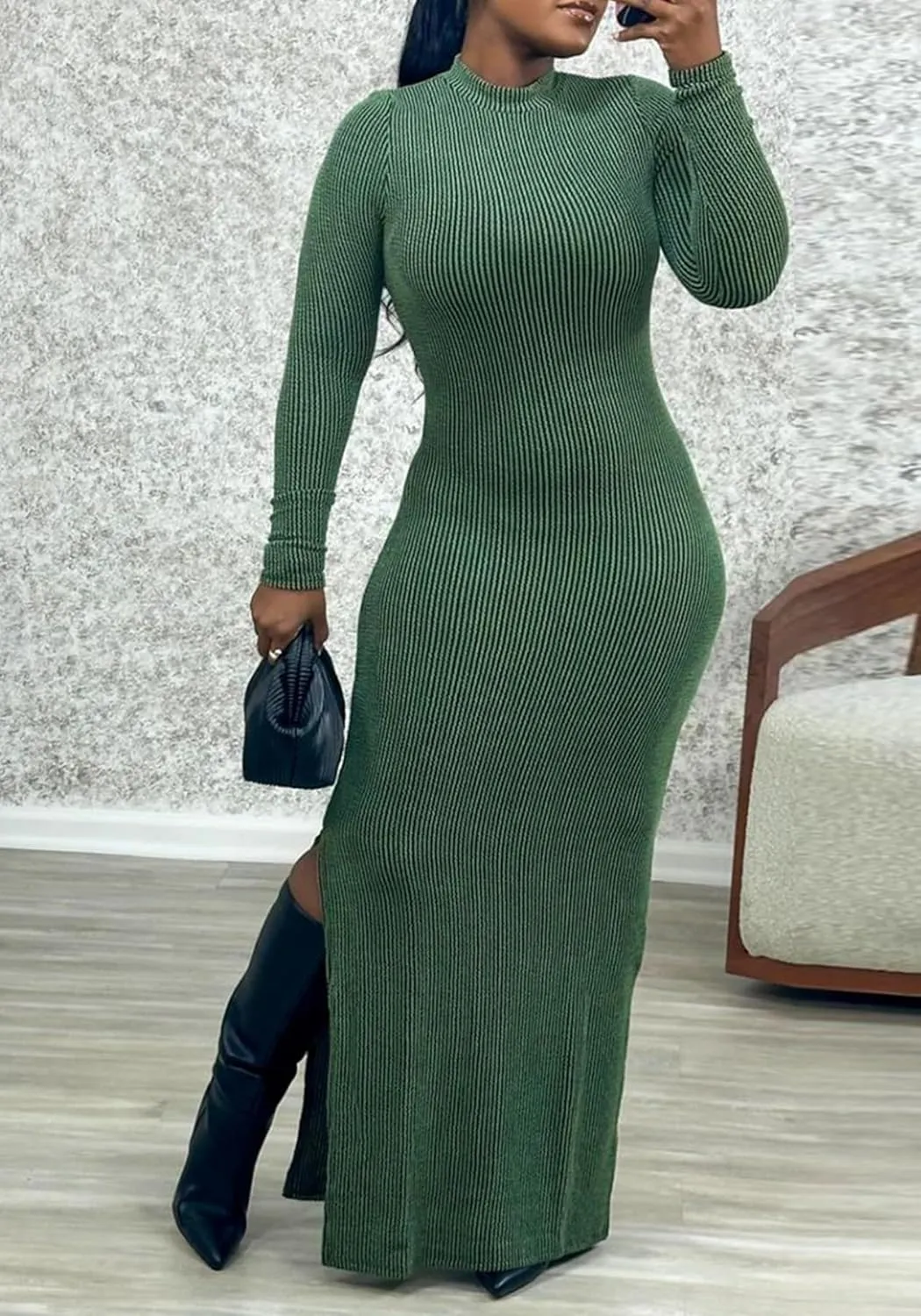 LKOUS Womens Bodycon Ribbed Maxi Dresses,Solid Color Long Sleeve Sexy Split Knit Dresses