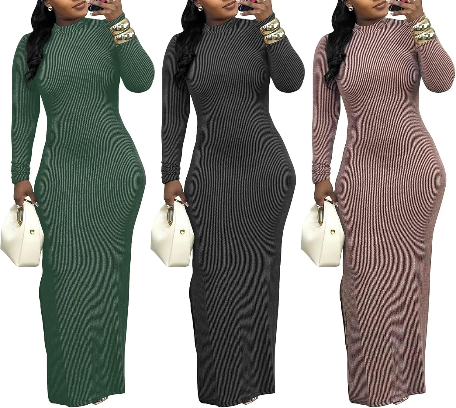 LKOUS Womens Bodycon Ribbed Maxi Dresses,Solid Color Long Sleeve Sexy Split Knit Dresses