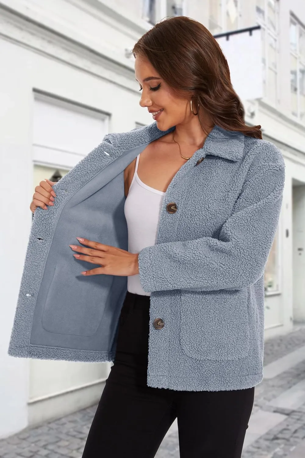 MAGCOMSEN Womens Sherpa Fleece Jackets Fuzzy Warm Winter Jackets Button Down Coat Long Sleeve Outwear with Pockets