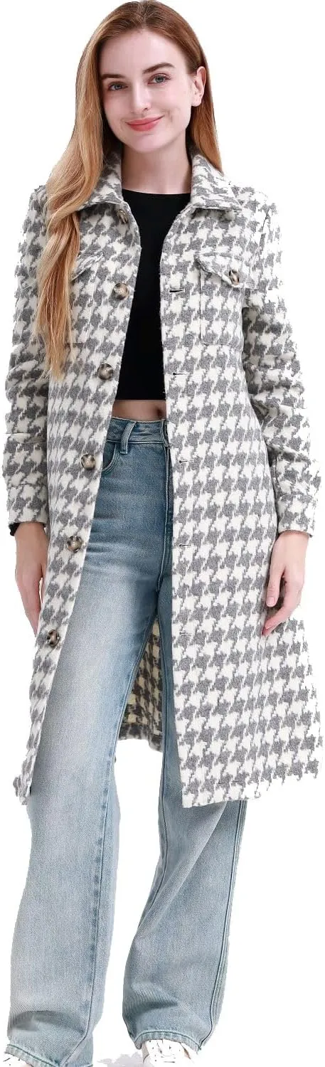 MAGICMK Women's Casual Plaid Lapel Wool Blend Winter Tartan Trench Coat With Pockets