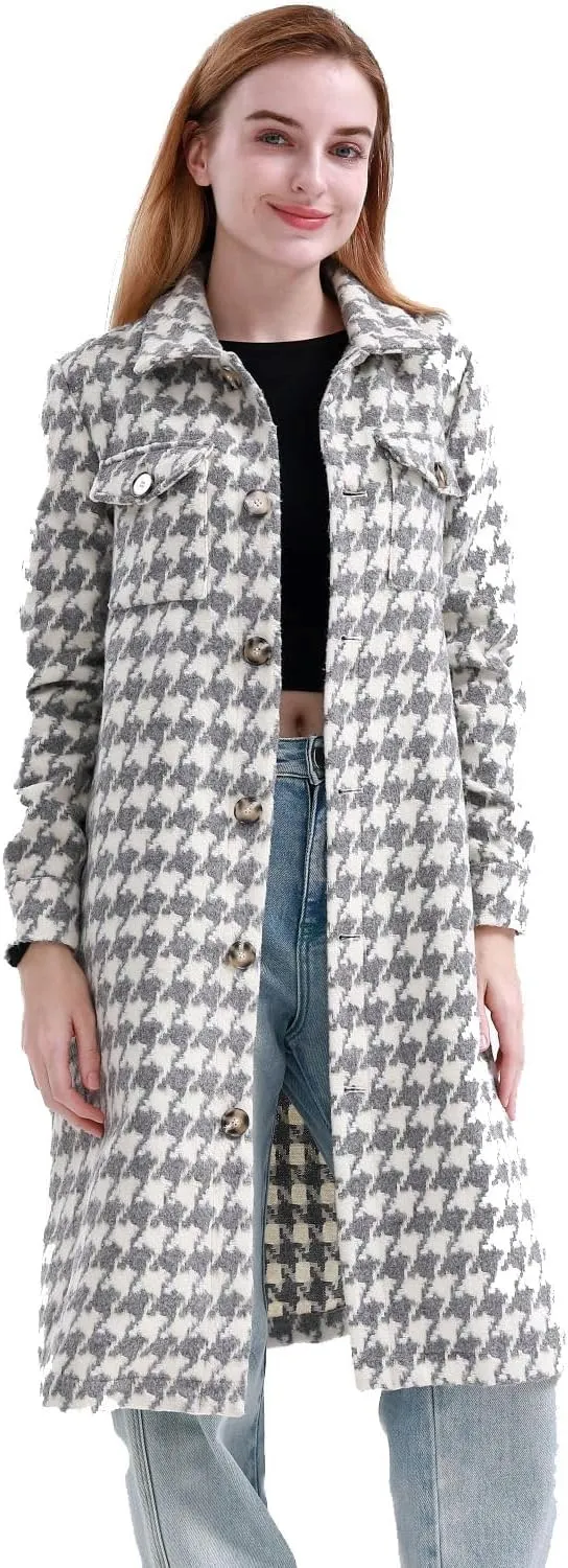 MAGICMK Women's Casual Plaid Lapel Wool Blend Winter Tartan Trench Coat With Pockets