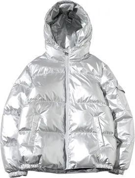 Maiyifu-GJ Men's Metallic Hooded Puffer Jacket Winter Warm Down Jackets Full Zip Alternative Quilted Padded Coat