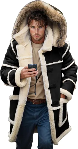 Men Shearling Coats with Hood Faux Suede Sherpa Lined Sheepskin Jackets Warm Winter Faux Leather Long Trench Coat