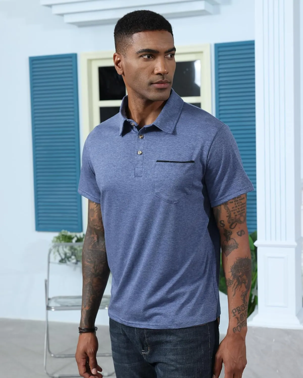 Mens Fashion Polo Shirts Cotton Classic Long Sleeve Thermal Button Shirt with Pocket
