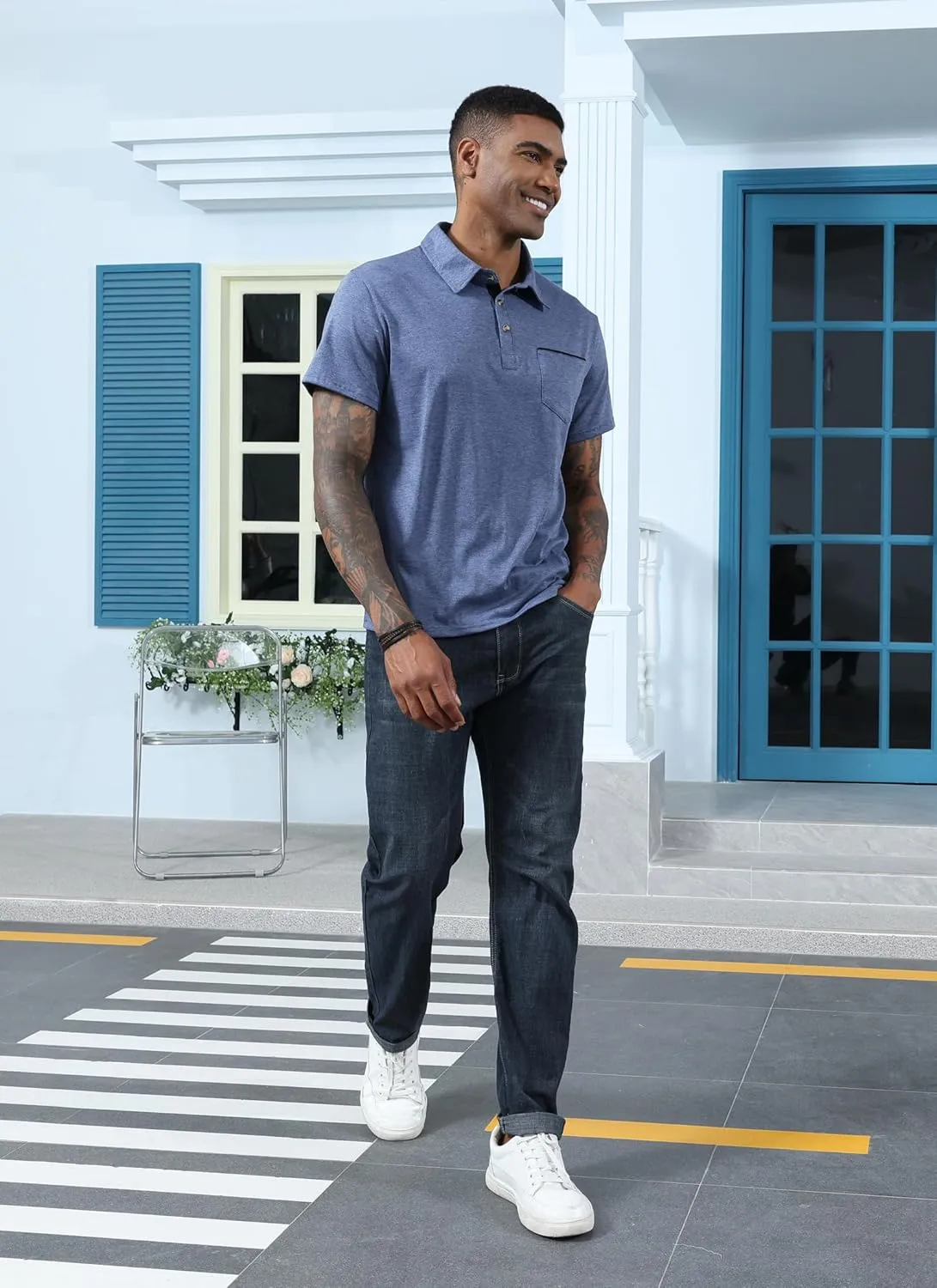 Mens Fashion Polo Shirts Cotton Classic Long Sleeve Thermal Button Shirt with Pocket