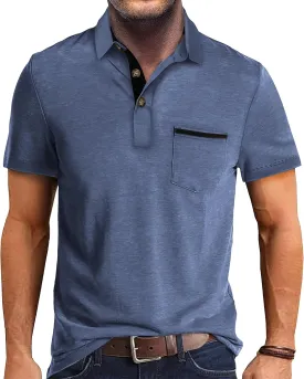 Mens Fashion Polo Shirts Cotton Classic Long Sleeve Thermal Button Shirt with Pocket