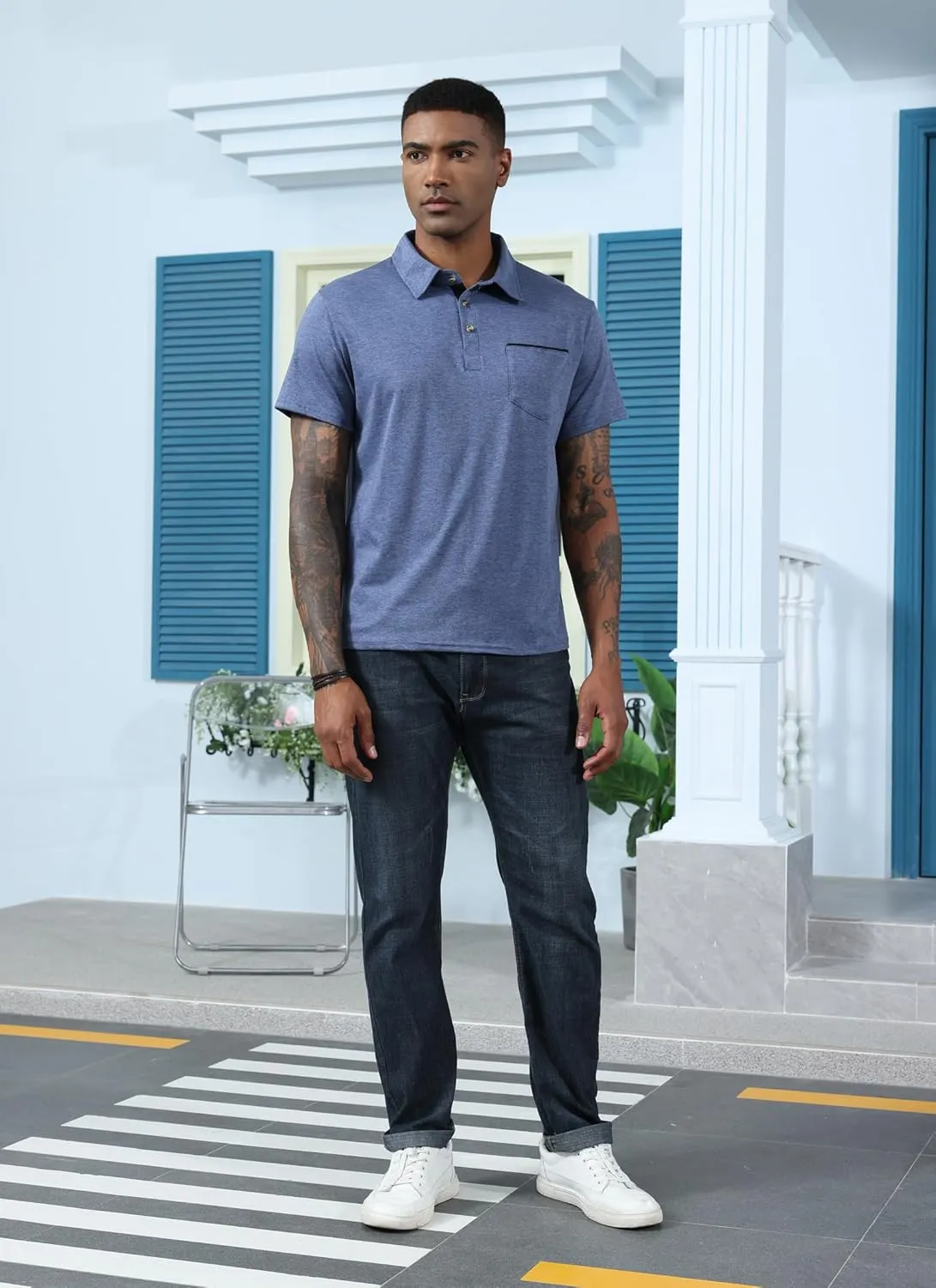 Mens Fashion Polo Shirts Cotton Classic Long Sleeve Thermal Button Shirt with Pocket