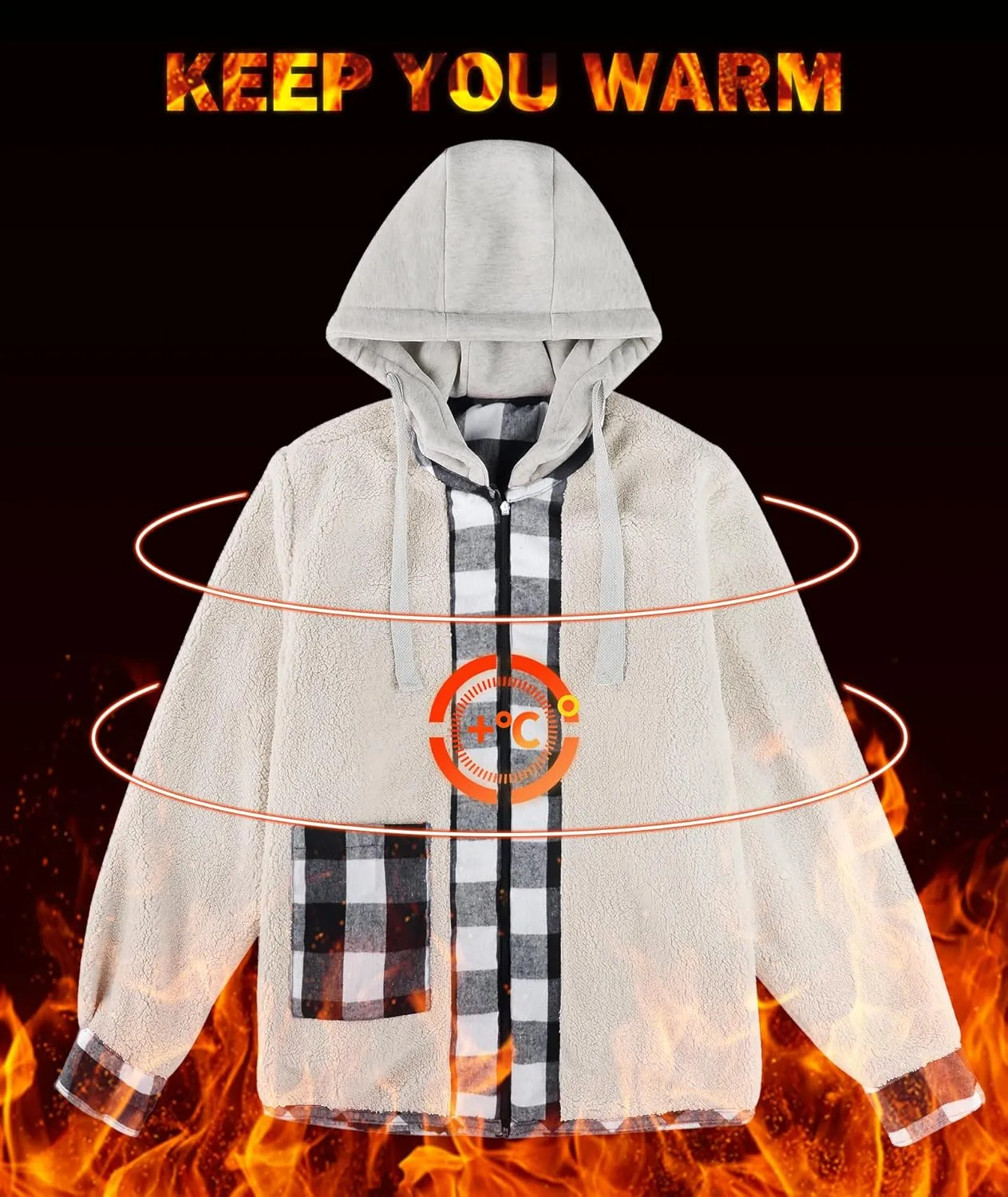 Mens Plaid Hoodies Winter Zip Up Fleece Jacket Sherpa Fleece Lined Warm Flannel Jacket Coat