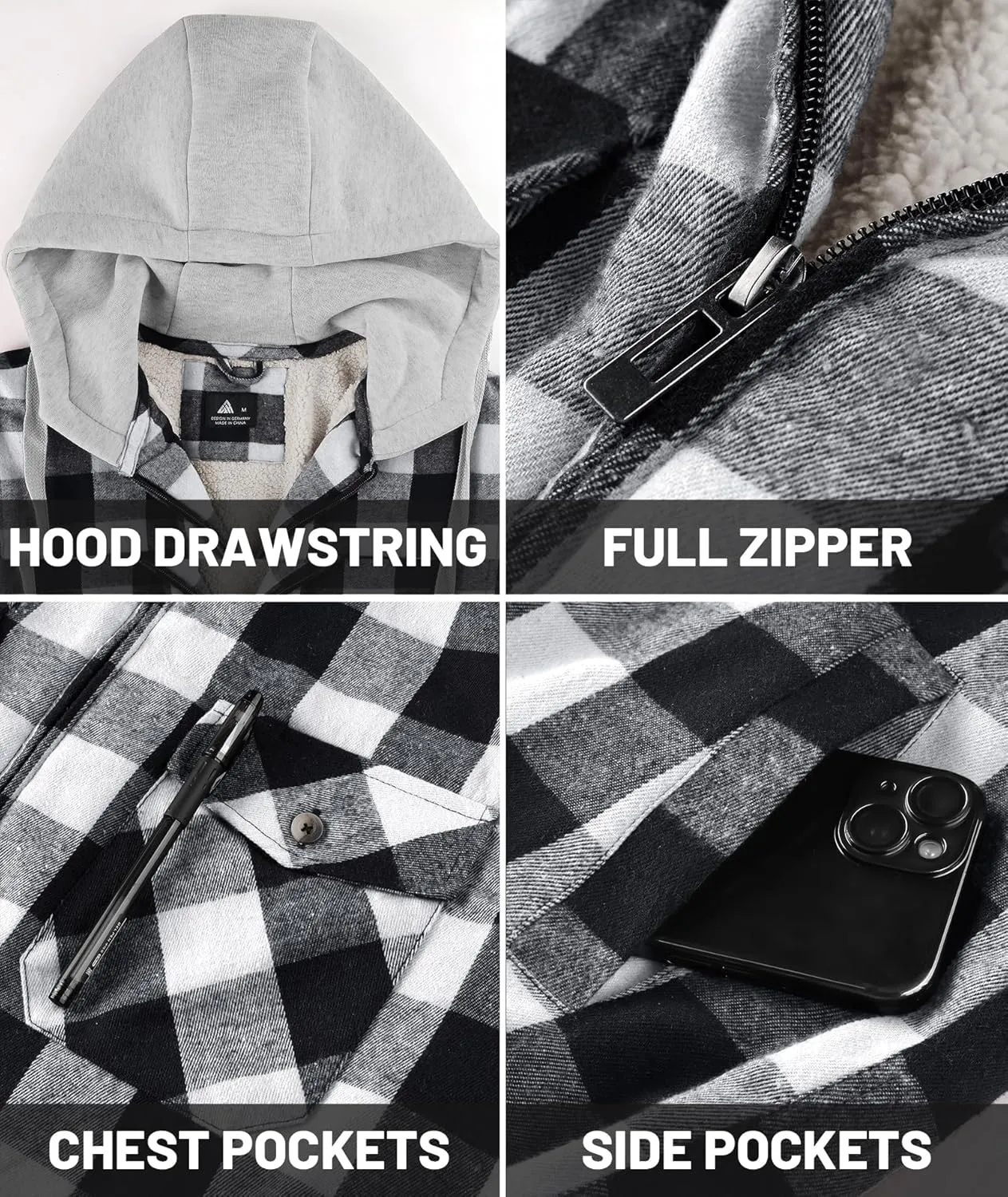 Mens Plaid Hoodies Winter Zip Up Fleece Jacket Sherpa Fleece Lined Warm Flannel Jacket Coat