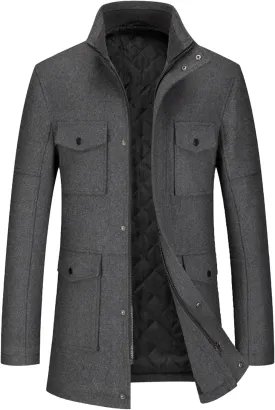 Men's Wool Blend Business Overcoat Stand Collar Warm Winter Trench Coat Slim Fit Windproof Pea Coat Down Topcoat