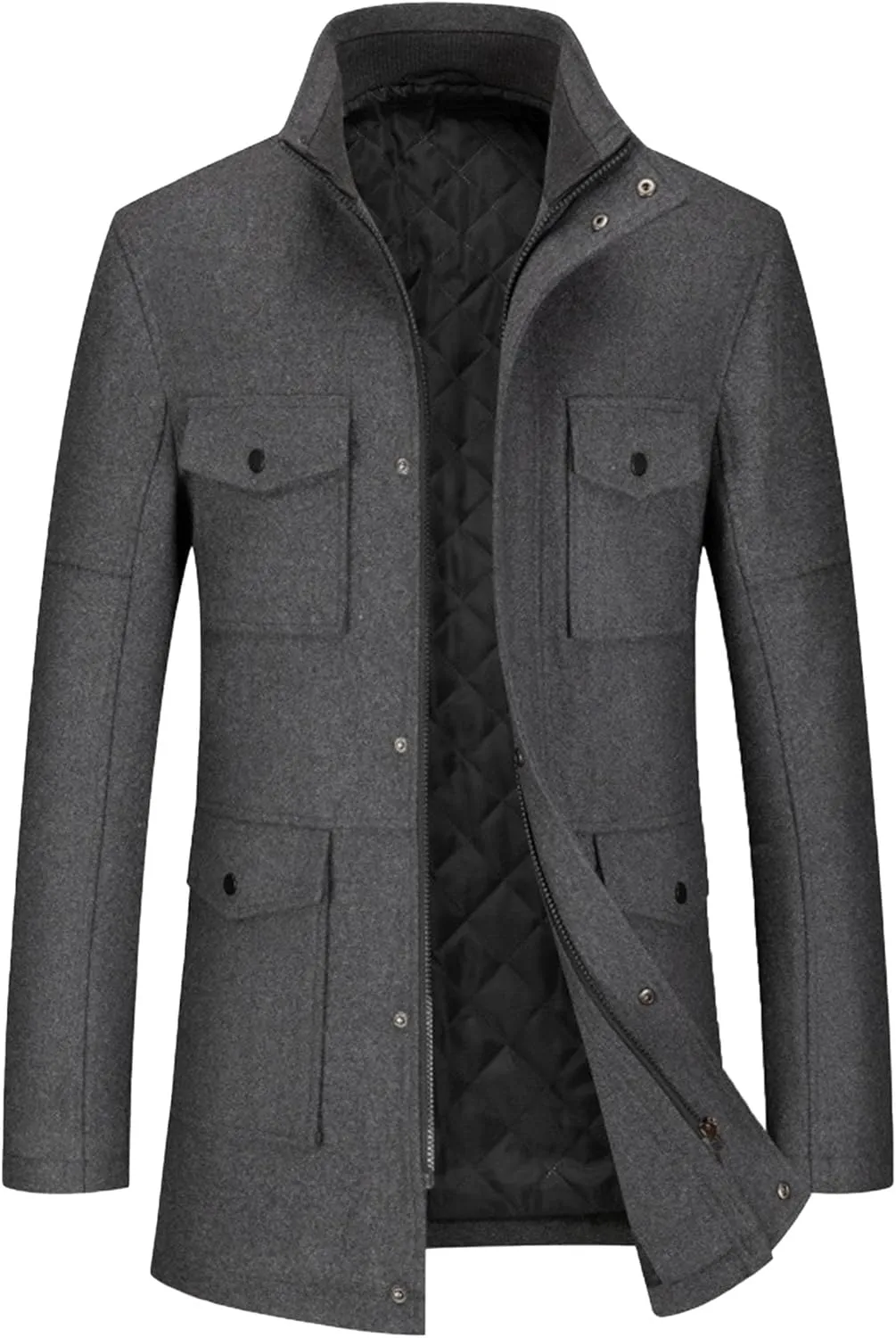 Men's Wool Blend Business Overcoat Stand Collar Warm Winter Trench Coat Slim Fit Windproof Pea Coat Down Topcoat