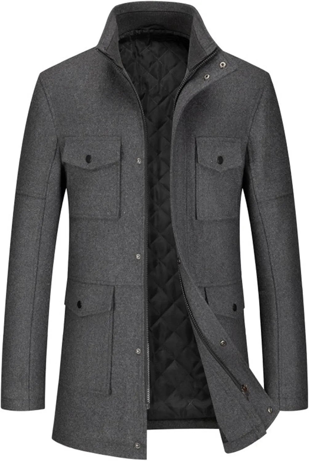 Men's Wool Blend Business Overcoat Stand Collar Warm Winter Trench Coat Slim Fit Windproof Pea Coat Down Topcoat