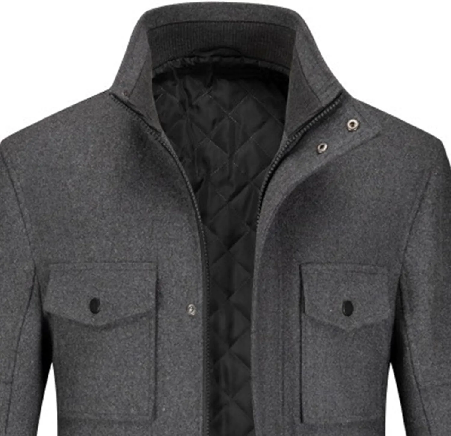 Men's Wool Blend Business Overcoat Stand Collar Warm Winter Trench Coat Slim Fit Windproof Pea Coat Down Topcoat
