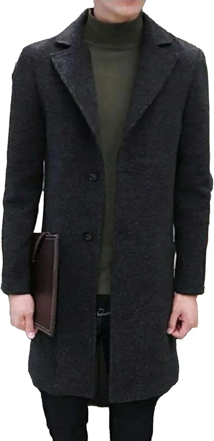 Men's Wool Blend Trench Coat Notched Collar Single Breasted Overcoat Chunky Warm Winter Pea Coat Windbreaker