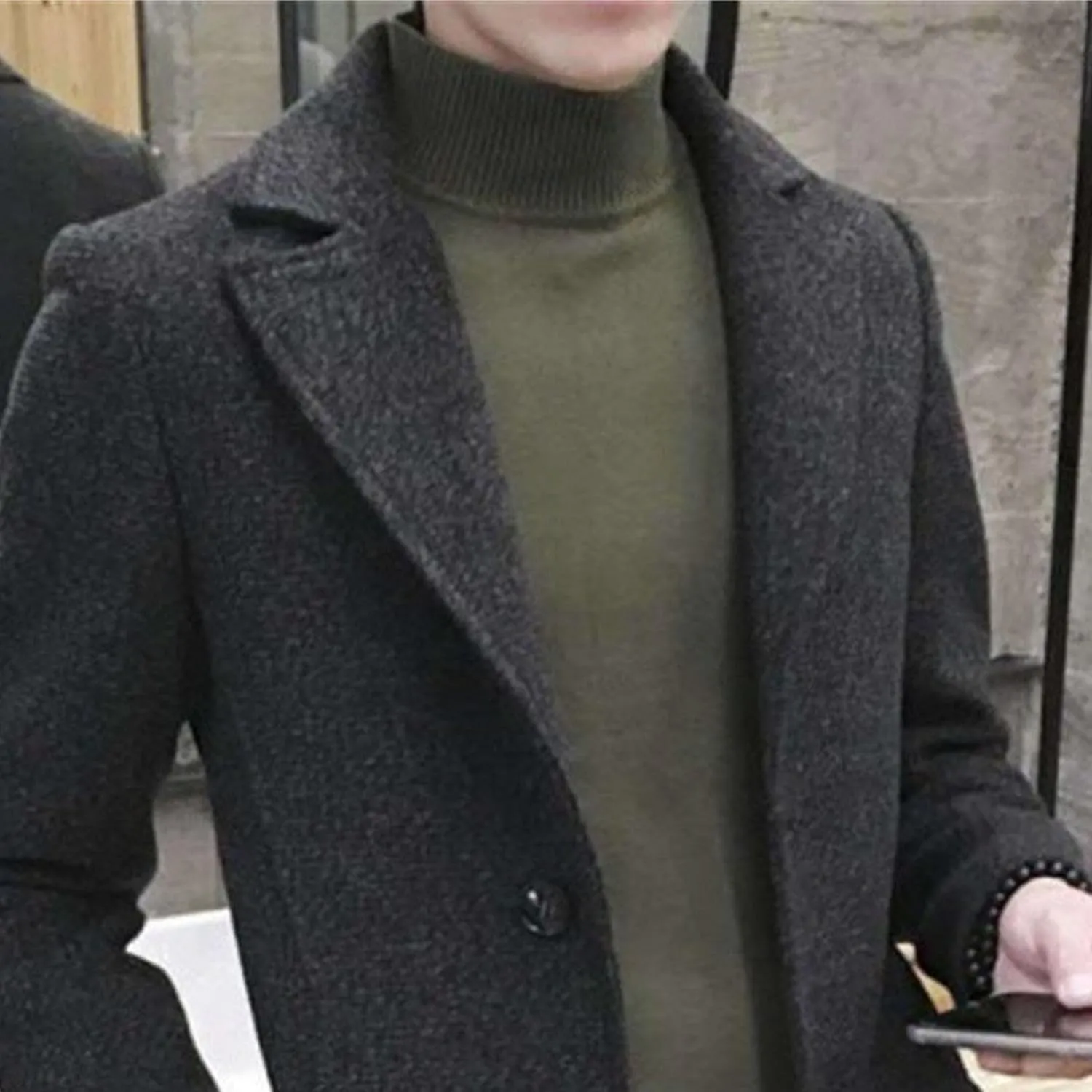Men's Wool Blend Trench Coat Notched Collar Single Breasted Overcoat Chunky Warm Winter Pea Coat Windbreaker