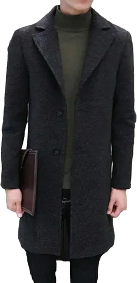 Men's Wool Blend Trench Coat Notched Collar Single Breasted Overcoat Chunky Warm Winter Pea Coat Windbreaker