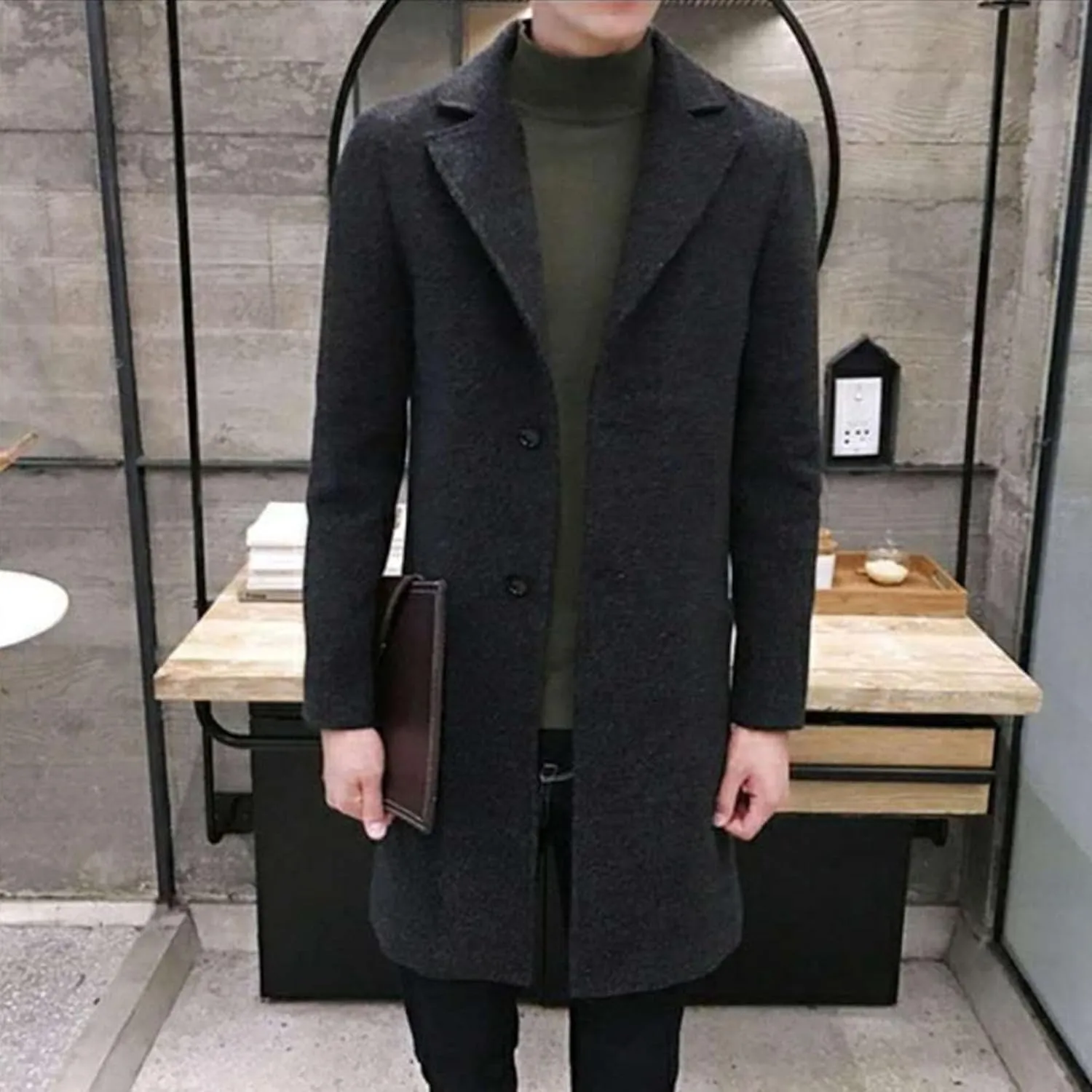 Men's Wool Blend Trench Coat Notched Collar Single Breasted Overcoat Chunky Warm Winter Pea Coat Windbreaker