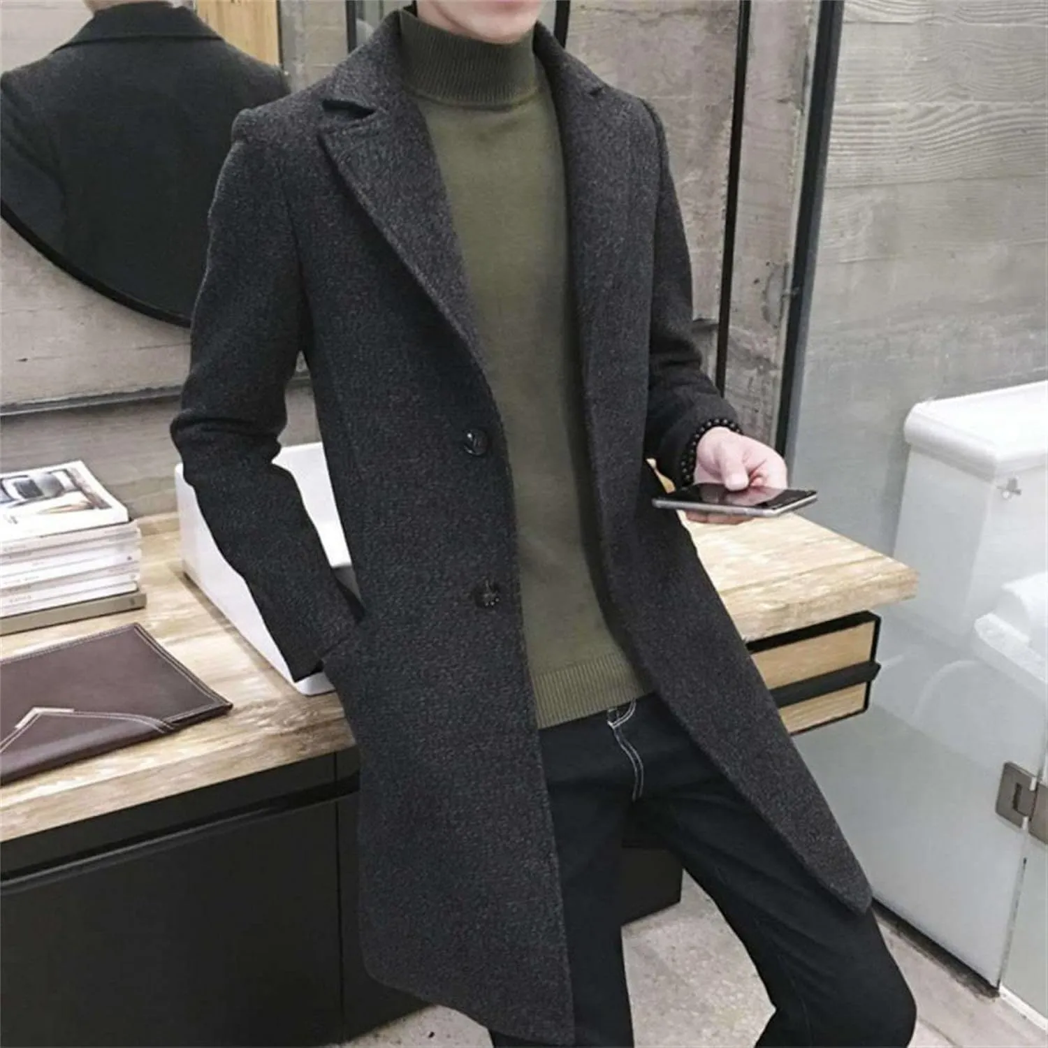 Men's Wool Blend Trench Coat Notched Collar Single Breasted Overcoat Chunky Warm Winter Pea Coat Windbreaker