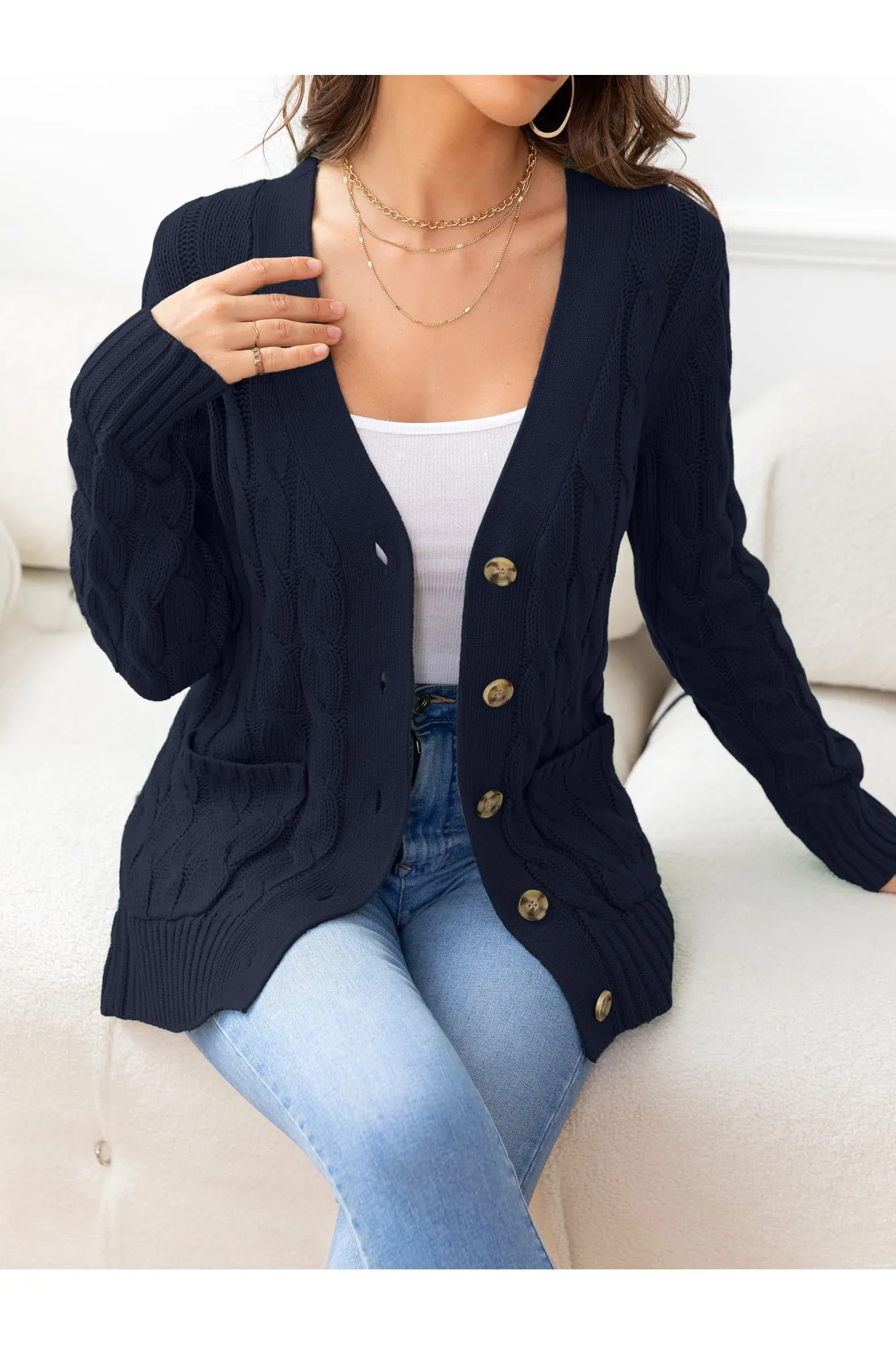 NicholesGifts Women Button Down Cable-Knit Cardigan