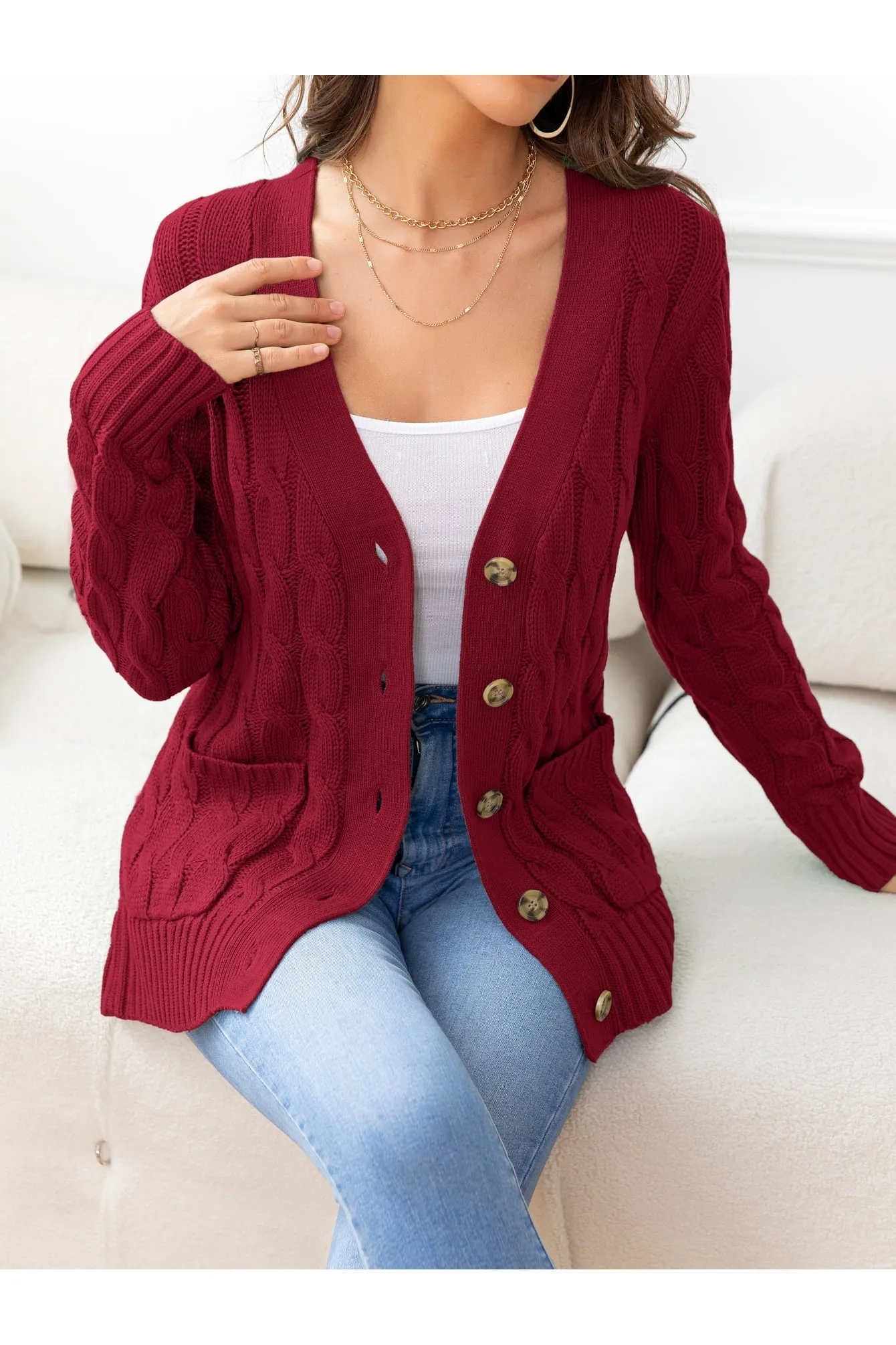 NicholesGifts Women Button Down Cable-Knit Cardigan