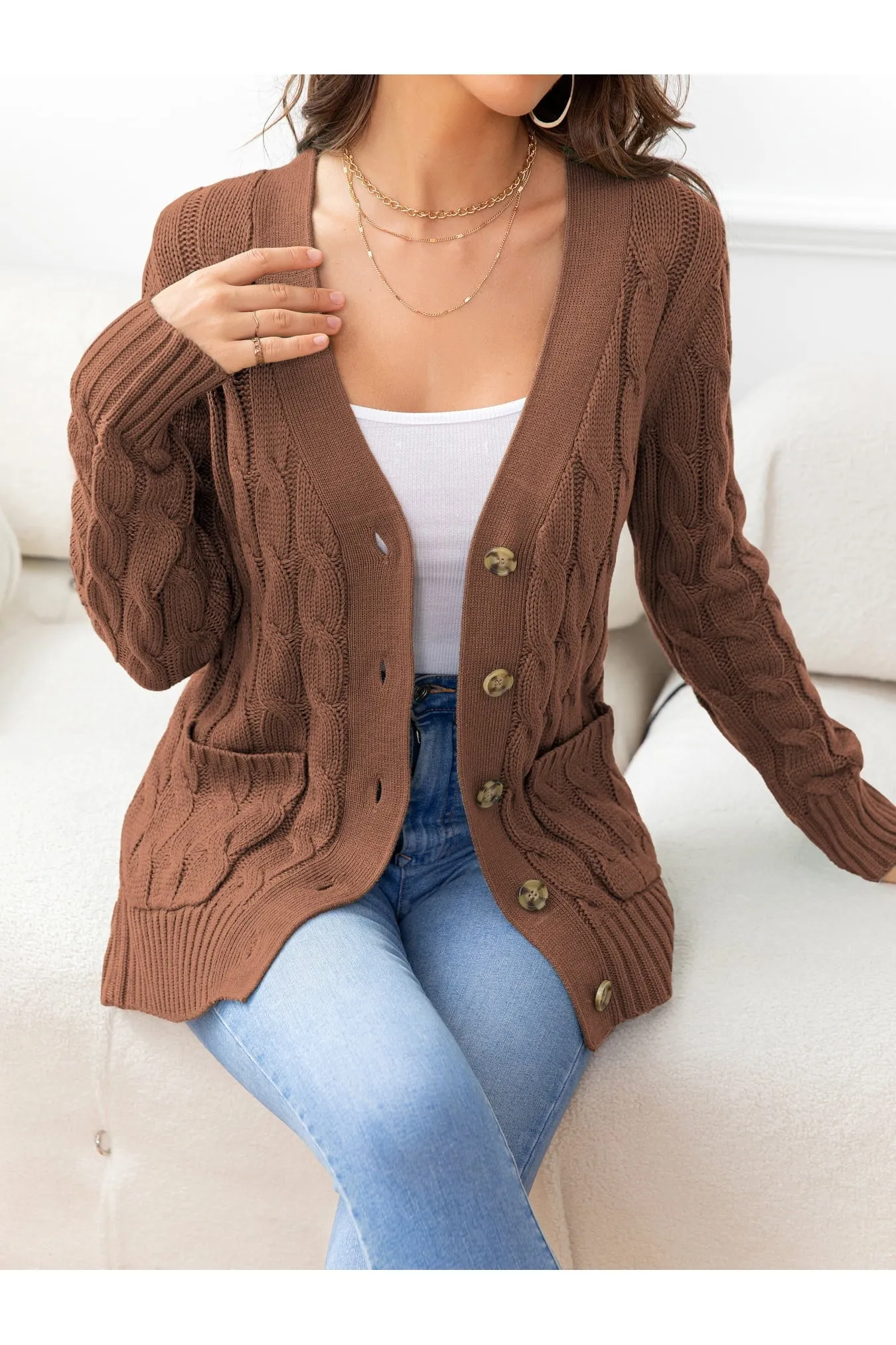 NicholesGifts Women Button Down Cable-Knit Cardigan