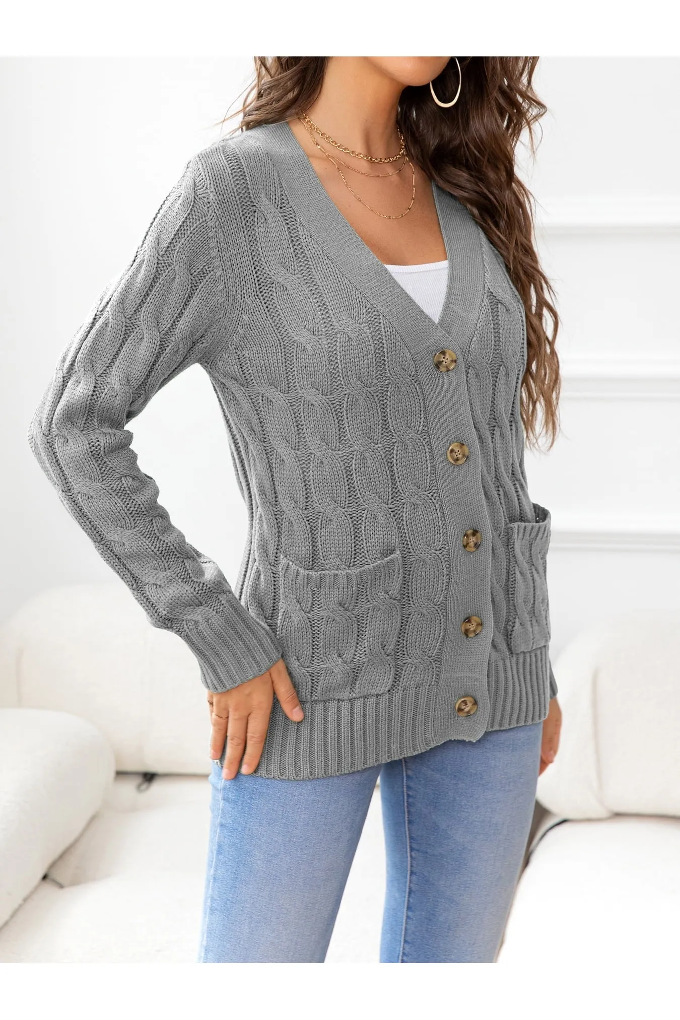 NicholesGifts Women Button Down Cable-Knit Cardigan