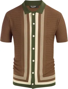 PJ PAUL JONES Men's Vintage Stripe Knit Polo Shirts Short Sleeve Stylish Button Down Cardigan Sweater