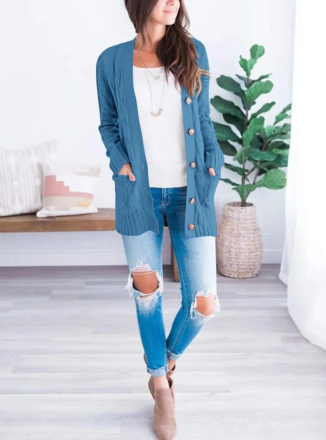 PRETTYGARDEN Women's Open Front Cardigan Sweaters Fall Fashion Button Down Cable Knit Chunky Winter Outerwear Coats