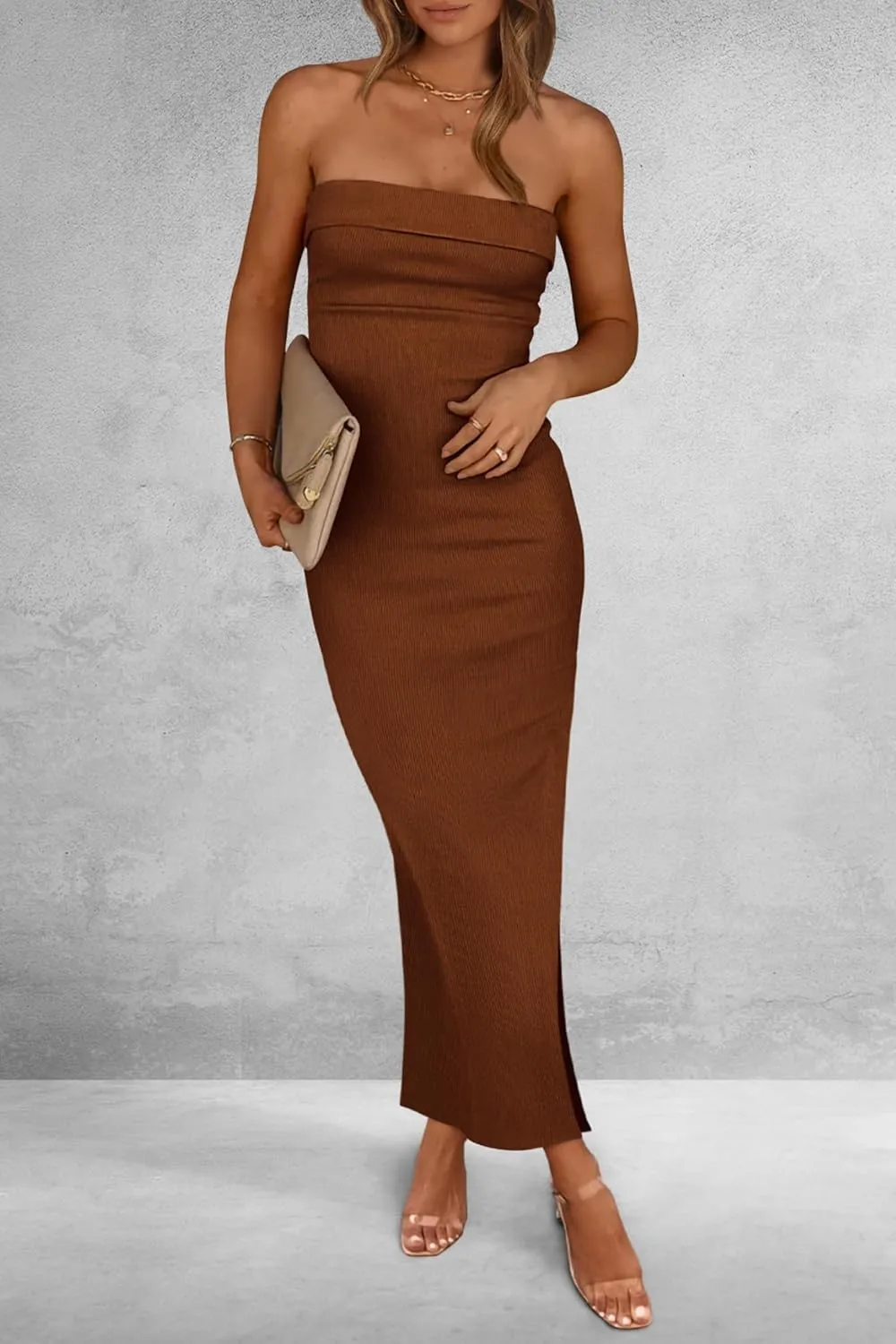 PRETTYGARDEN Women's Summer Bodycon Maxi Tube Dress Ribbed Strapless Side Slit Long Going Out Casual Elegant Party Dresses