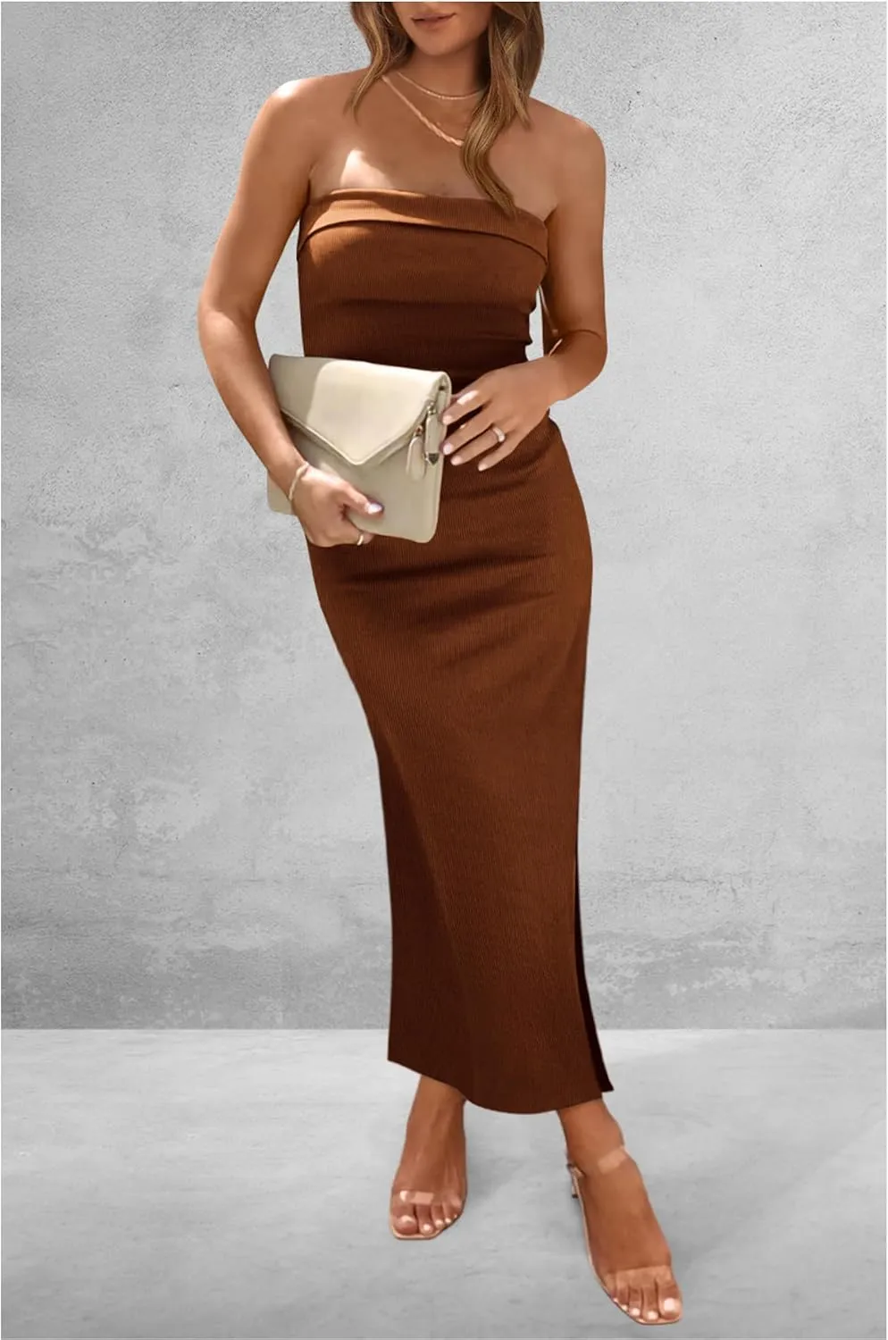 PRETTYGARDEN Women's Summer Bodycon Maxi Tube Dress Ribbed Strapless Side Slit Long Going Out Casual Elegant Party Dresses