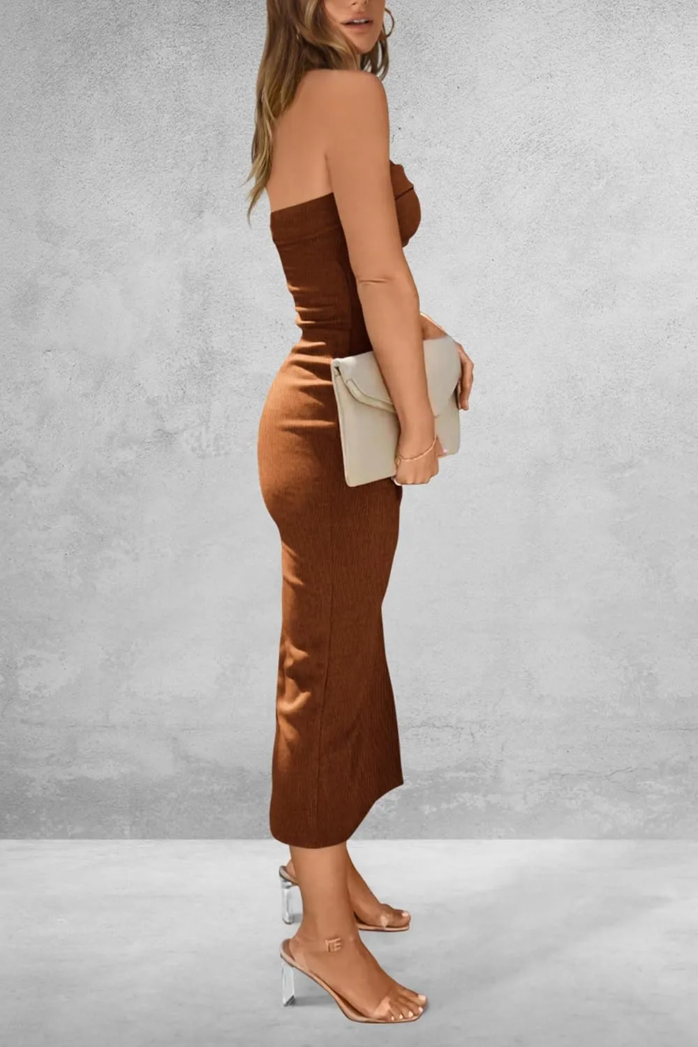 PRETTYGARDEN Women's Summer Bodycon Maxi Tube Dress Ribbed Strapless Side Slit Long Going Out Casual Elegant Party Dresses