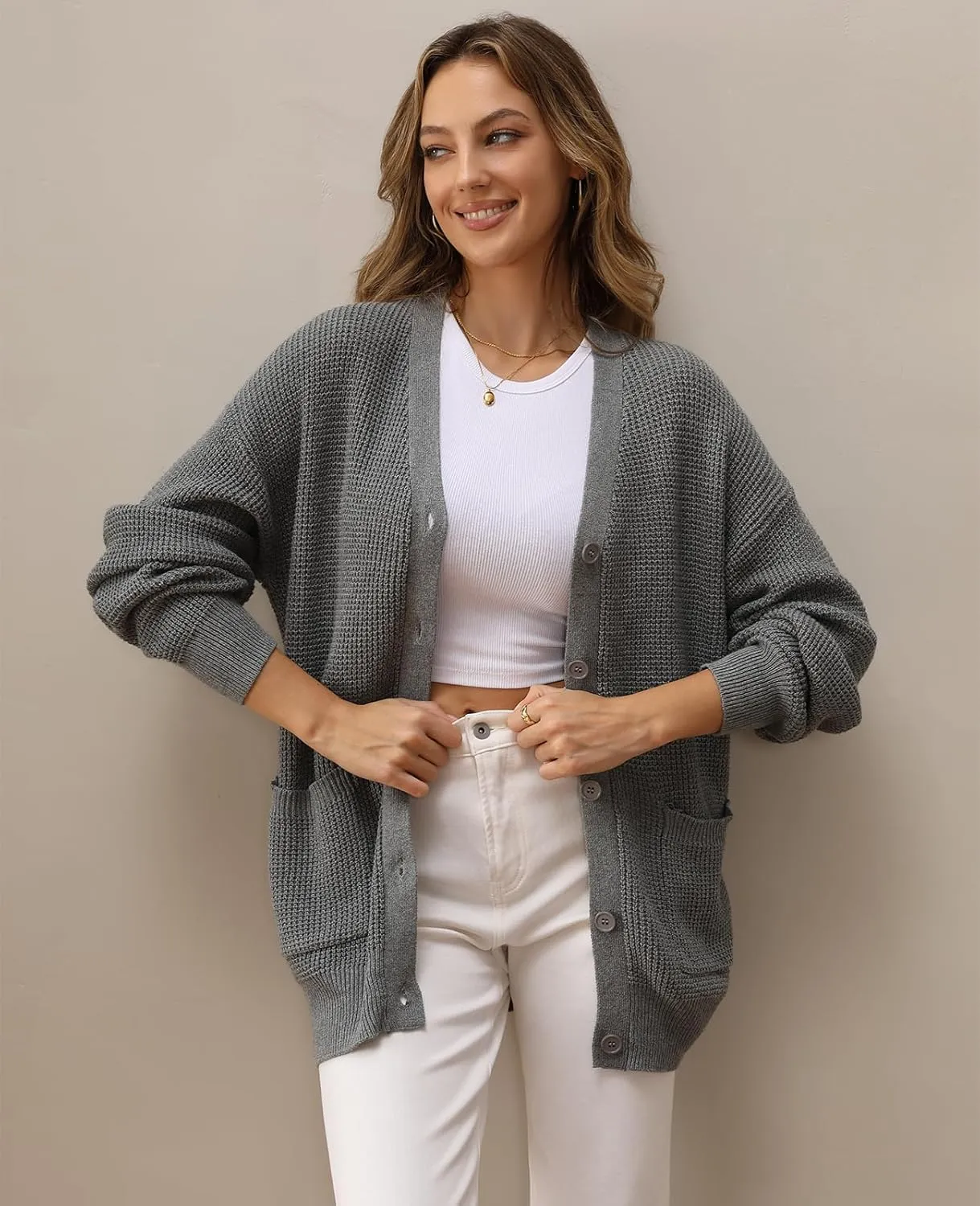 QUALFORT Women's 100% Cotton Cardigan Sweaters for Women Button Down Oversized Knit Outerwear with Pockets