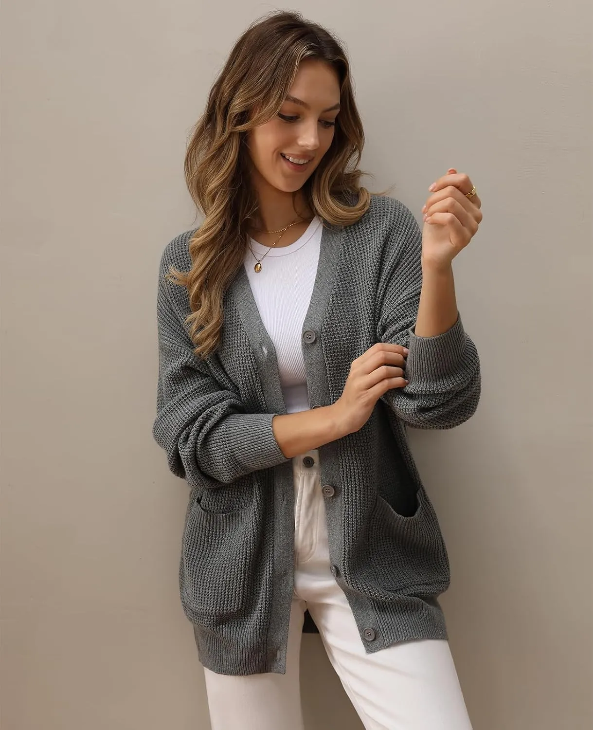 QUALFORT Women's 100% Cotton Cardigan Sweaters for Women Button Down Oversized Knit Outerwear with Pockets