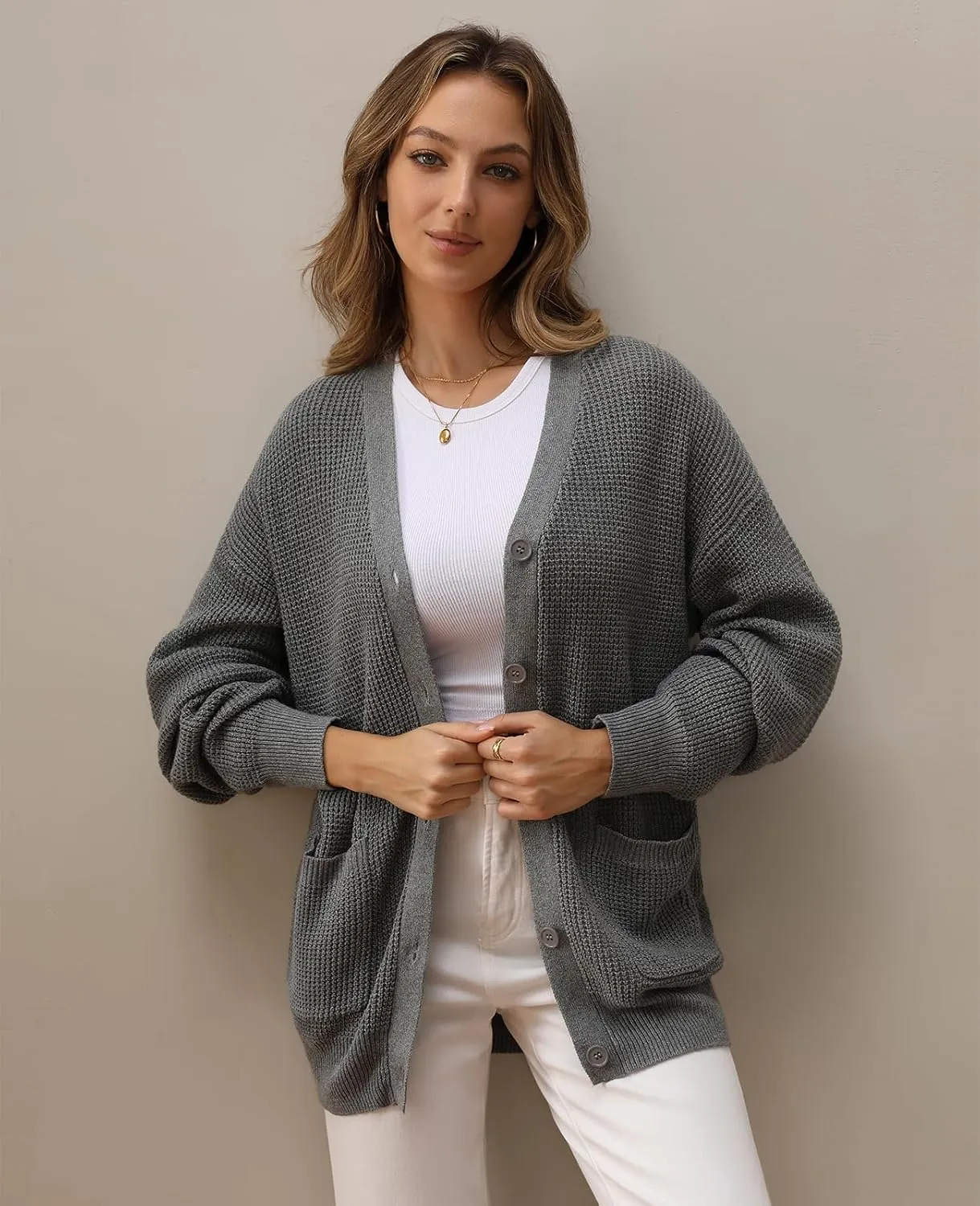 QUALFORT Women's 100% Cotton Cardigan Sweaters for Women Button Down Oversized Knit Outerwear with Pockets