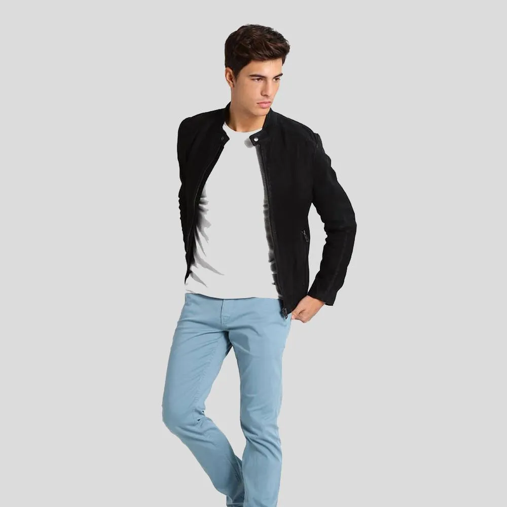 Rey Black Suede Leather Racer Jacket